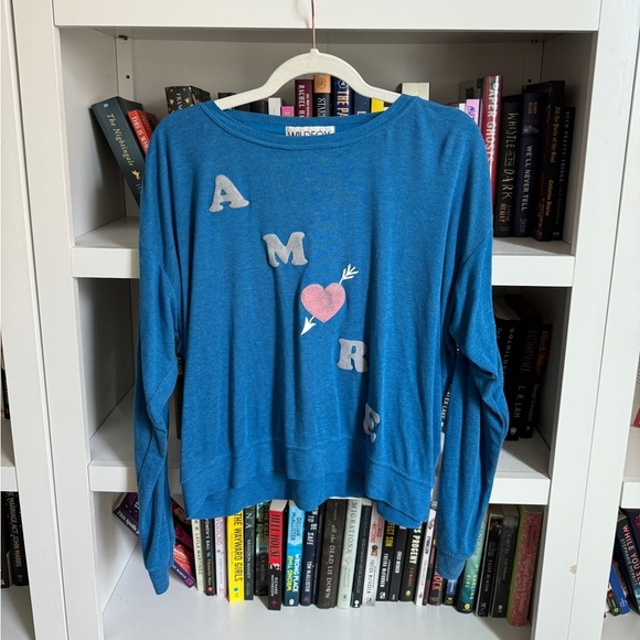 Wildfox Tops - Wild fox blue pink heart amore graphic long sleeve pullover sweatshirt top shirt